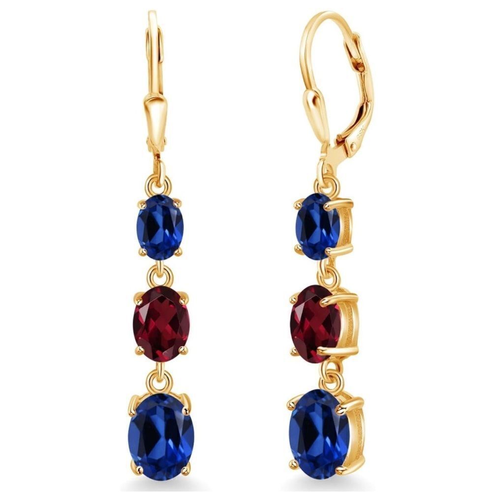18K Yellow Gold 6.20 Cttw 3 Stone Blue Sapphire and Rhodolite Garnet Earrings
